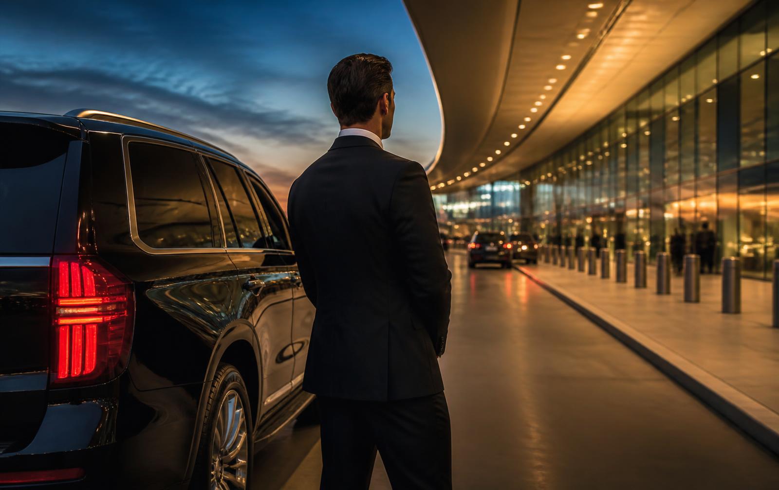Chauffeur in a dark suit waiting beside a black luxury SUV at an airport arrivals curb