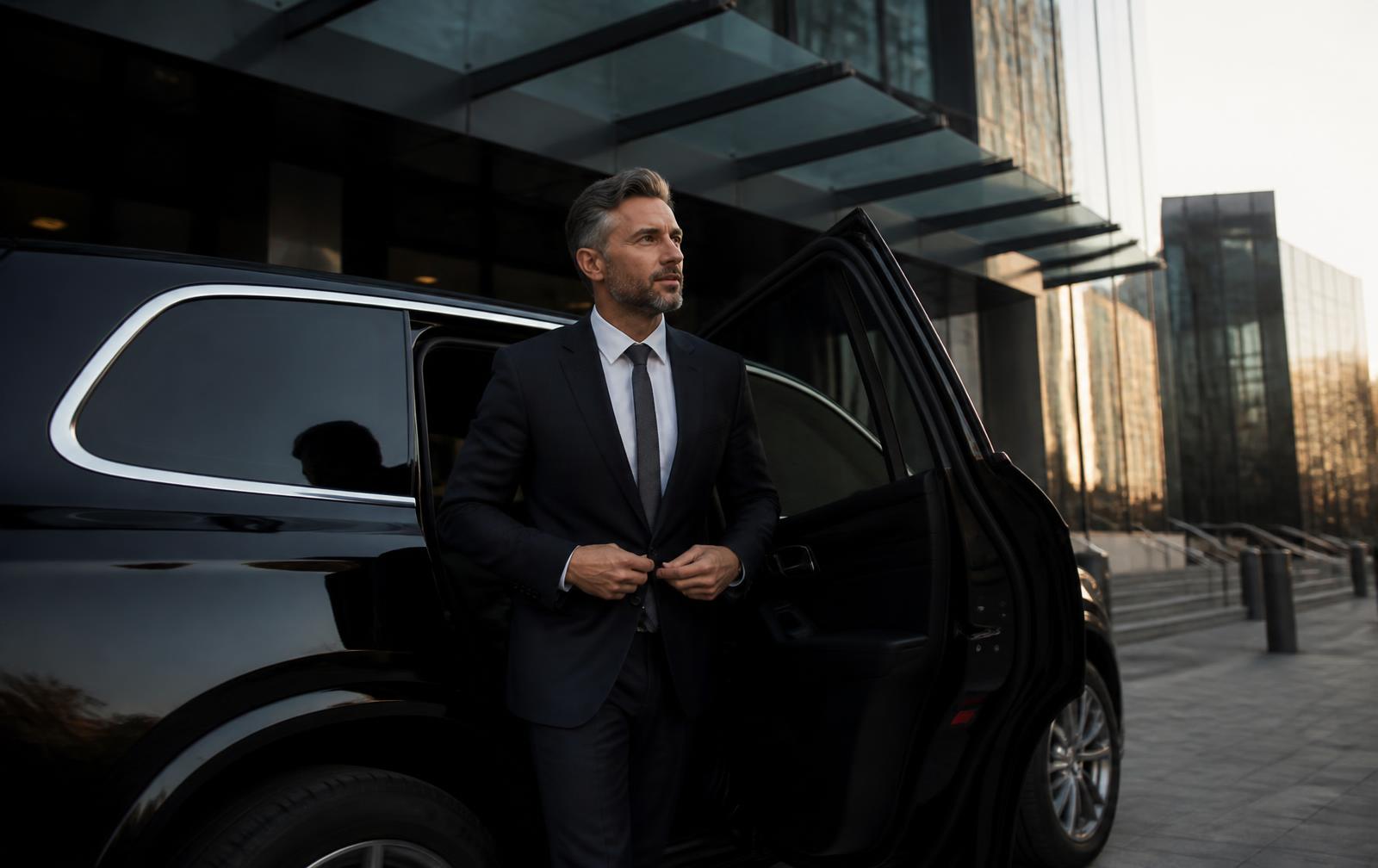 Executive in a dark suit stepping out of a black luxury SUV outside a modern office building