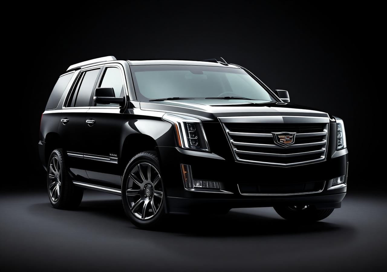 Black Cadillac Escalade luxury SUV in a dark studio setting
