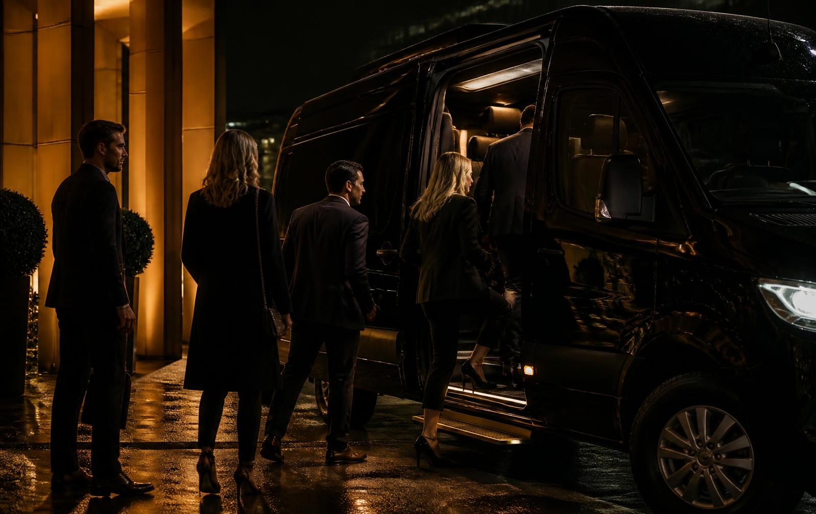 Well-dressed group boarding a black luxury Sprinter van at night