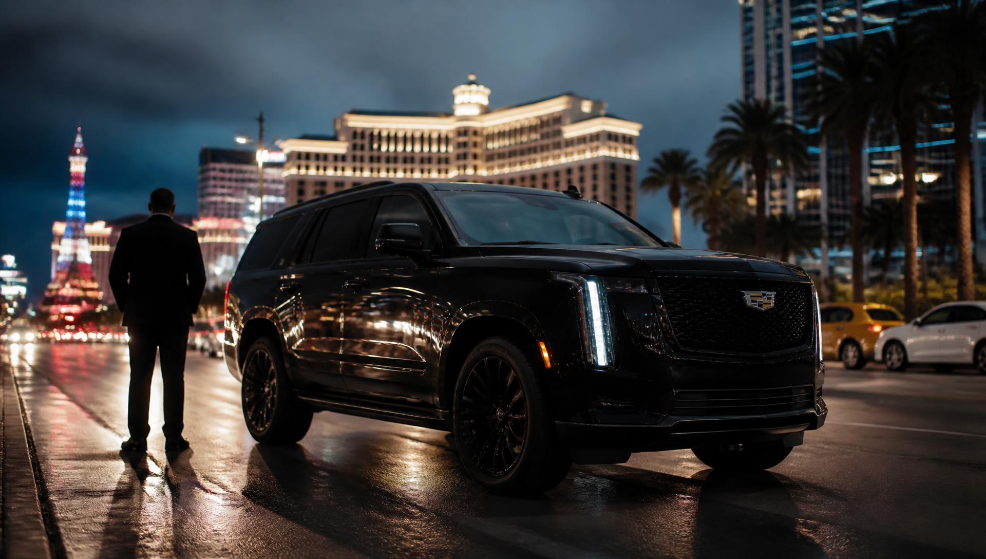 Black luxury SUV with a professional chauffeur waiting on a Las Vegas boulevard at dusk