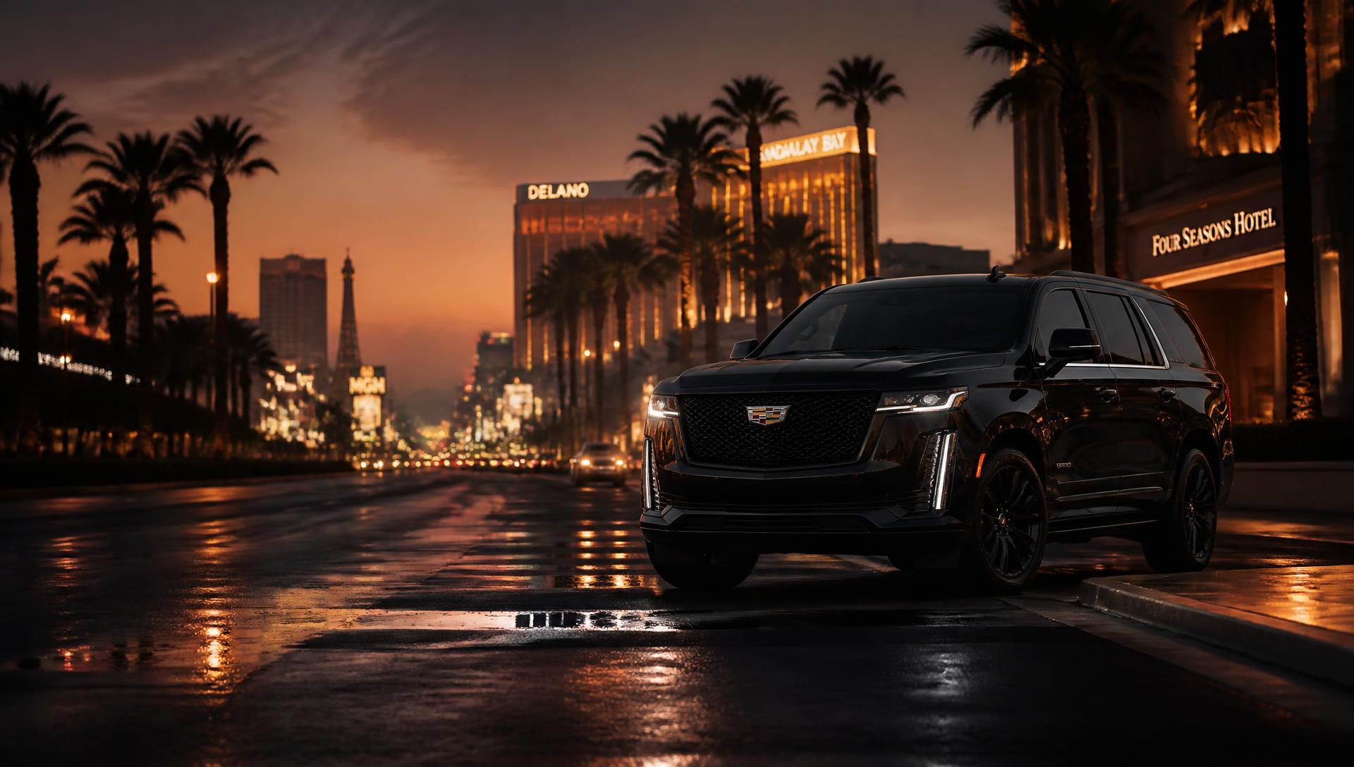 Black Cadillac Escalade on a Las Vegas boulevard at dusk with resort lights in the distance